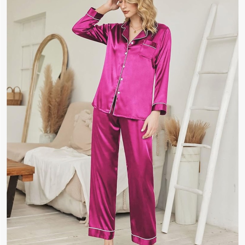 Satin silk pajamas. Size S, M. New. In bag. Never opened. Purchased on Amazon.